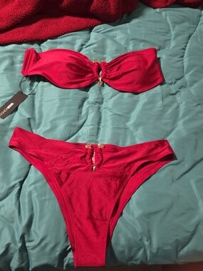 Women’s Red Bandeau Bikini Set with Gold Accent